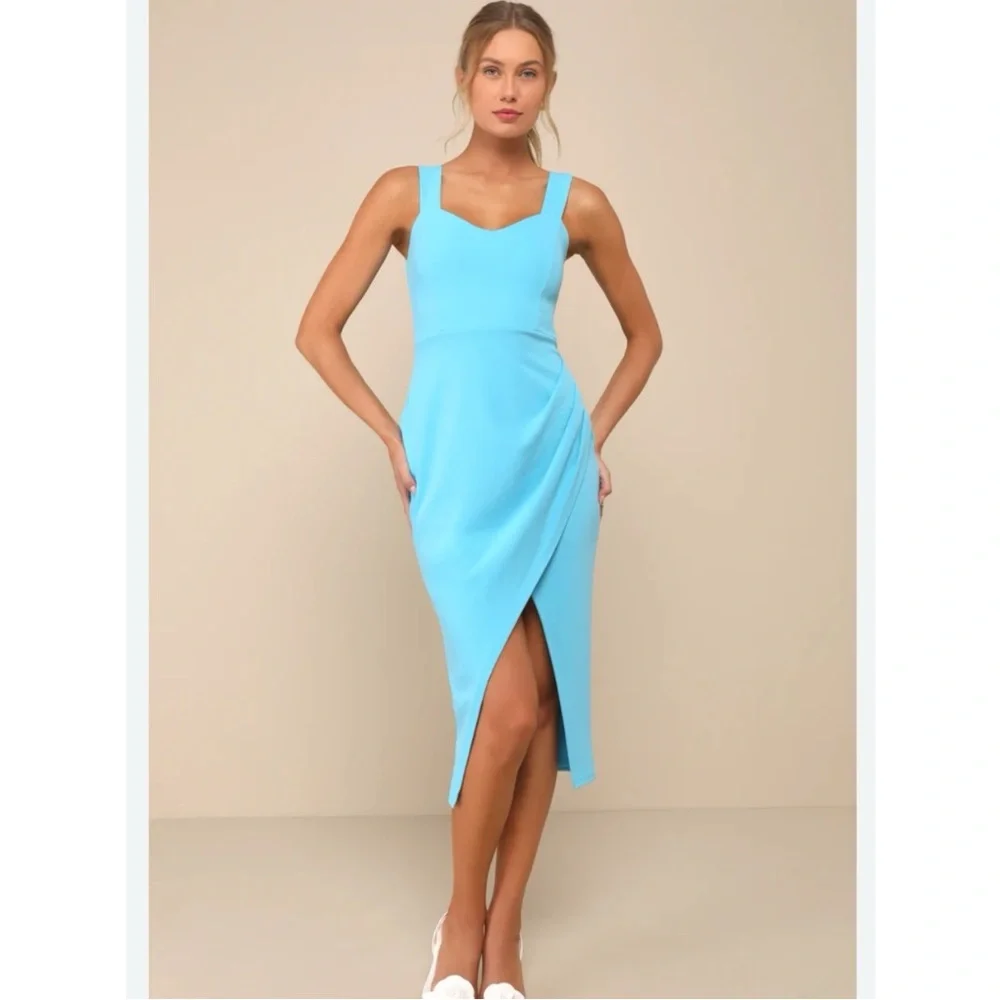 NWT Lulus Elegant Teal Blue Fitted Sleeveless Dress Sz US Medium - Picture 4 of 9